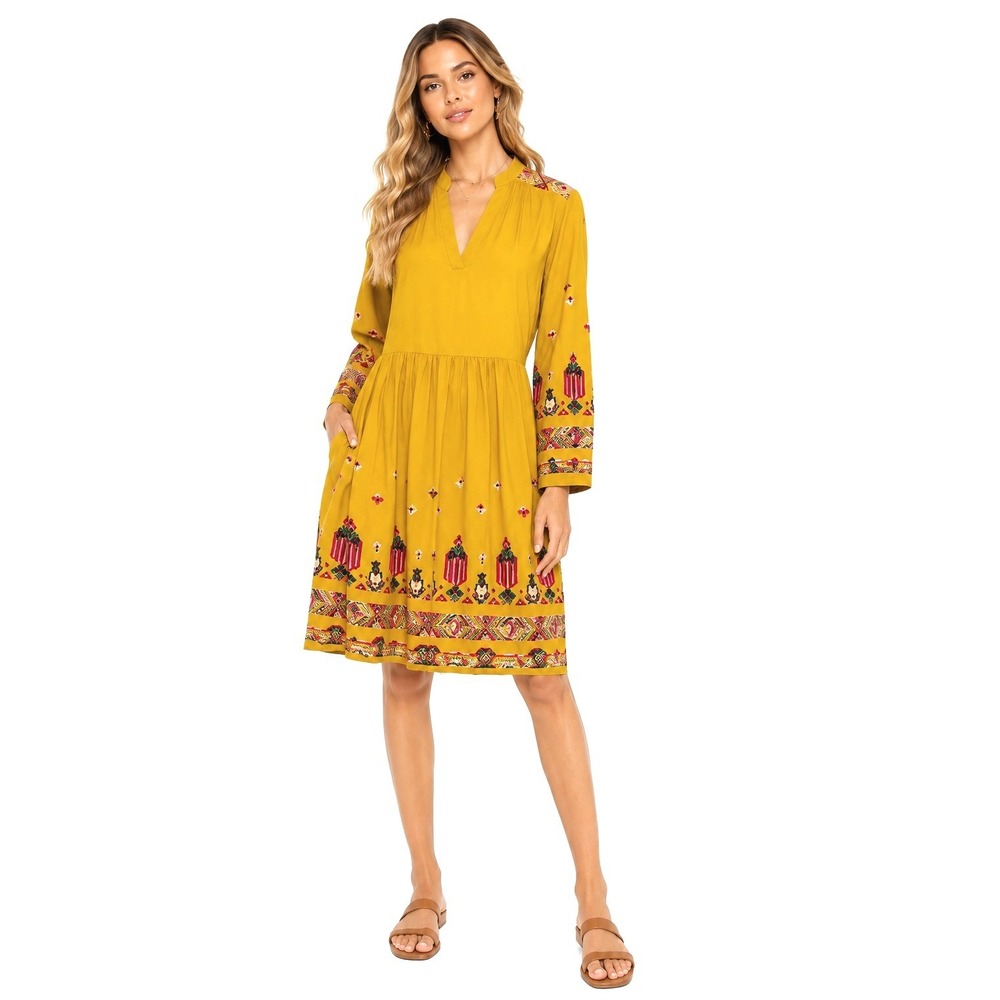Anthropologie Embroidered Dress Mustard Yellow Boho Festival Casual Floreat Sz S